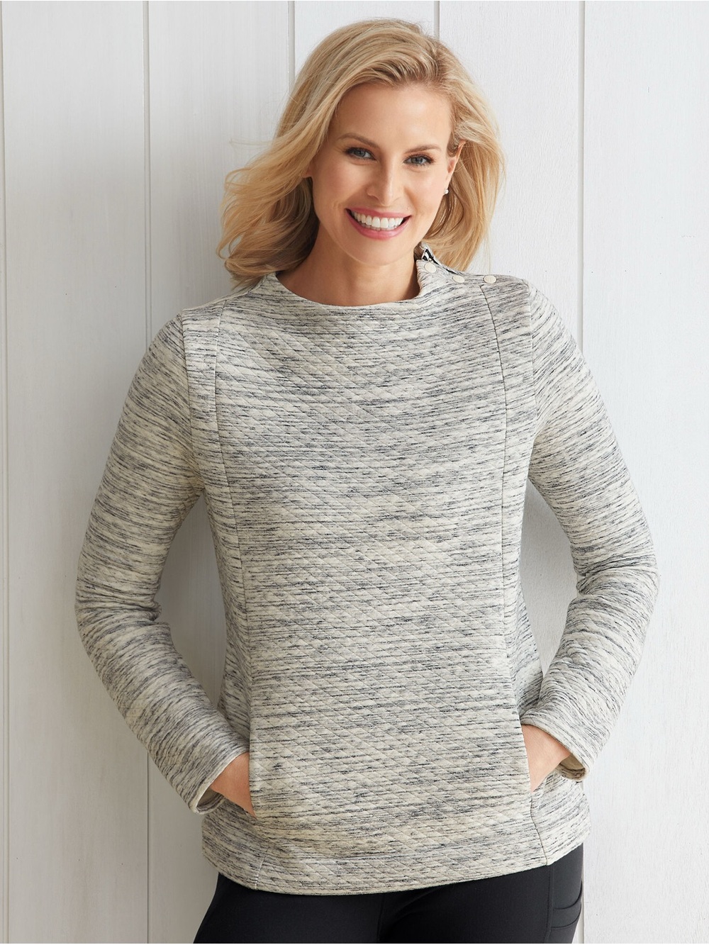T by Talbots Quilted Snap Shoulder Pullover Sweatshirt Gray M